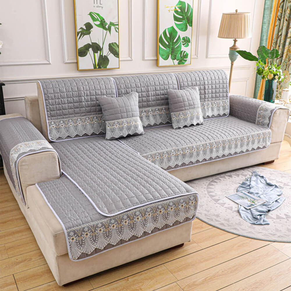 Luxury Quilted Lace Embroidery Non-Slip Couch Cover