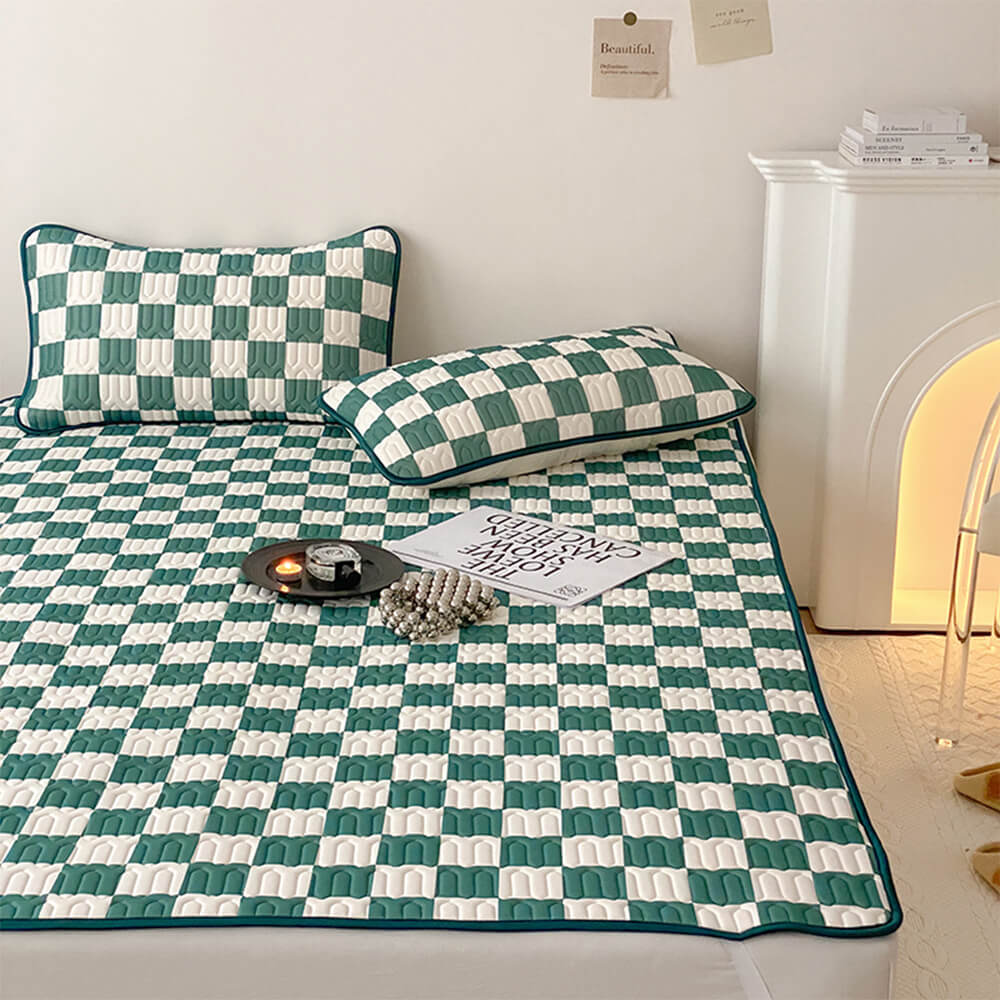 Checkerboard Latex Ice Silk Bedding Fitted Sheet Mattress Cover