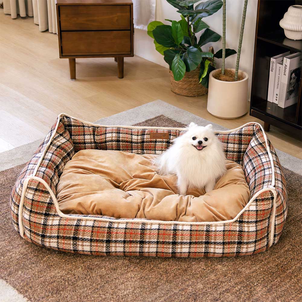 Classical Retro Plaid Removable Bolster Calming Dog Bed - Nostalgic Retreat