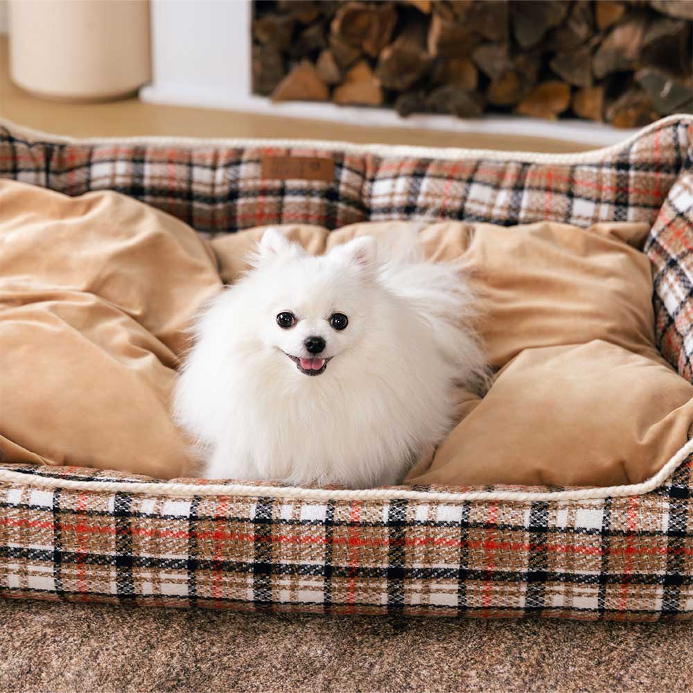 Classical Retro Plaid Removable Bolster Calming Dog Bed - Nostalgic Retreat