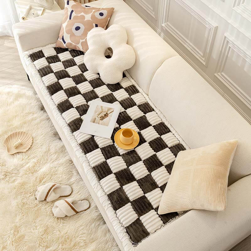 Cream-colored Large Plaid Square Fuzzy Pet Mat Bed Couch Cover