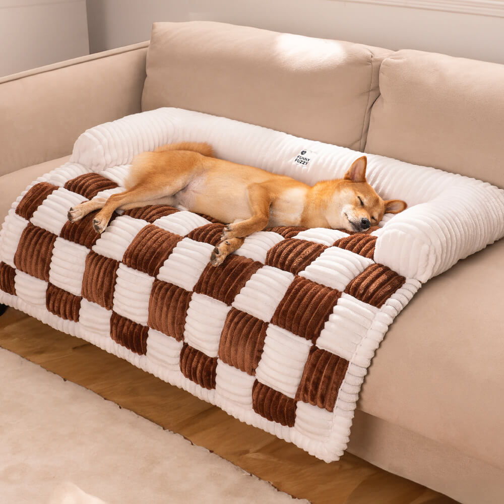 Cream Square Plaid Cozy Dog Mat Furniture Protector Cover