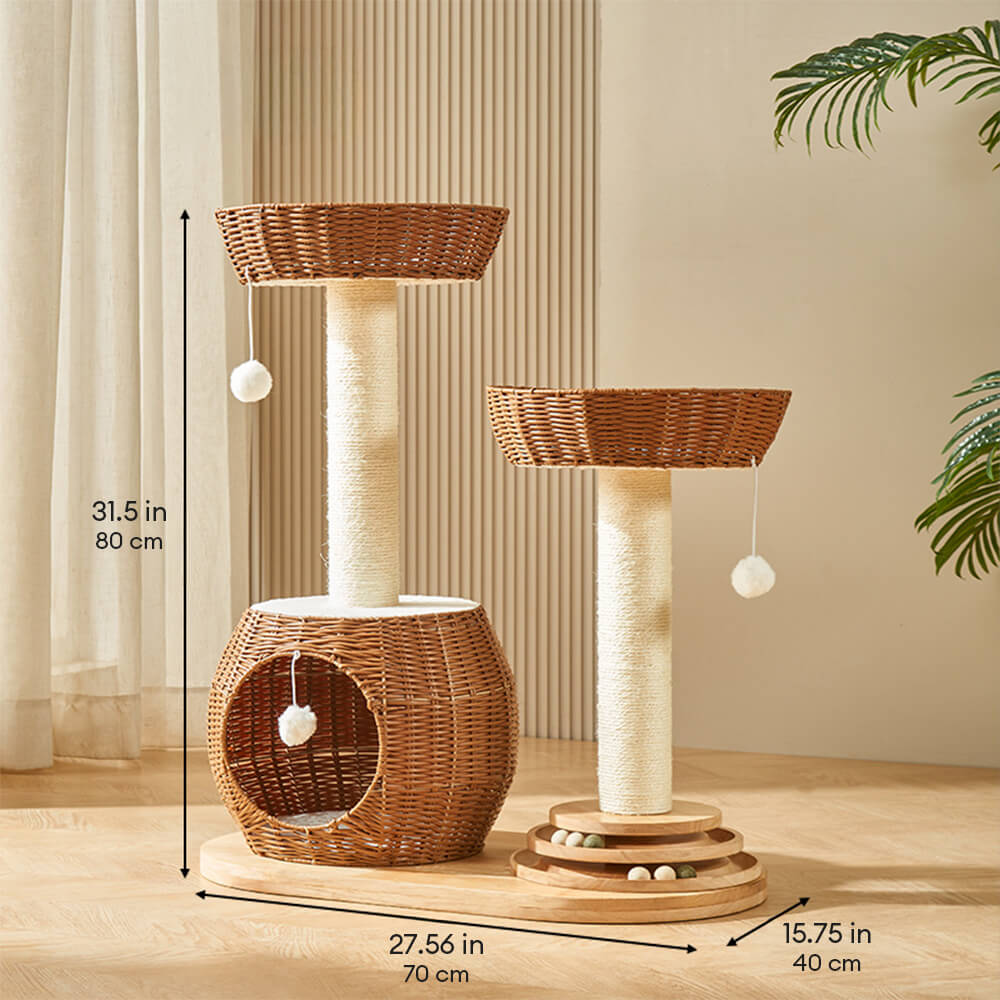 All-Season Natural Rattan Woven Cat Bed Solid Wood Large Cat Tree