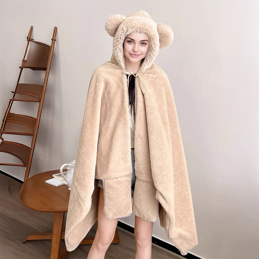 Bear Ear Soft Plush Wearable Hooded Throw Blanket Cape