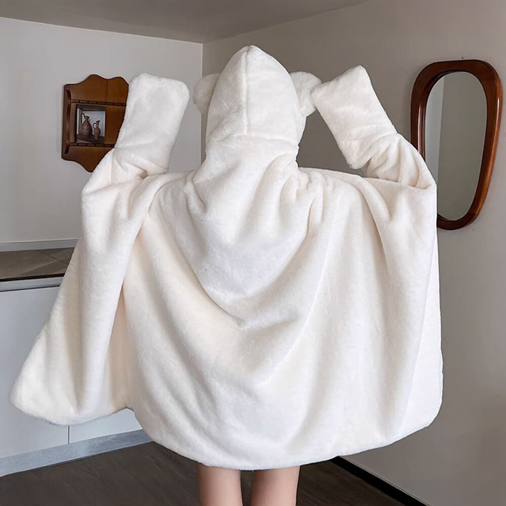 Bear Ear Soft Plush Wearable Hooded Throw Blanket Cape