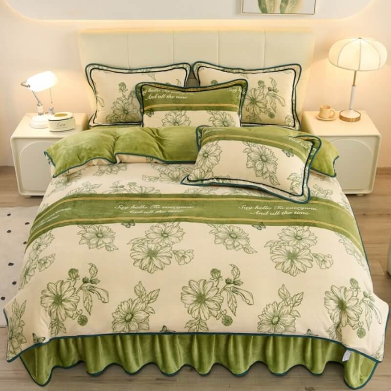 Floral Elegance Milk Velvet Bed Sheet Set with Bed Skirt