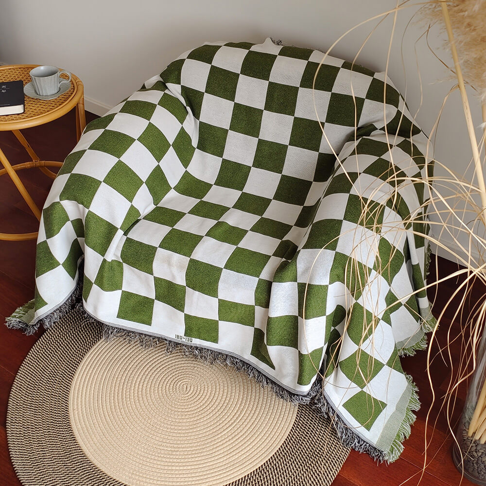 Color Block Checkerboard Fringe Trim Sofa Blanket Couch Cover