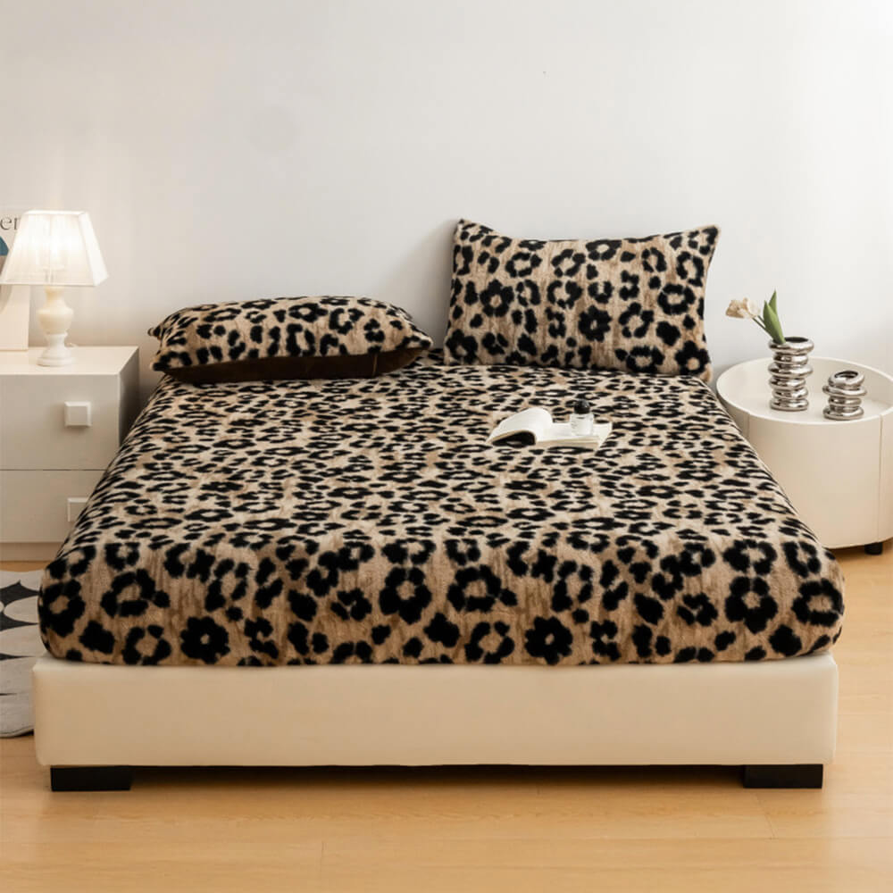 Leopard Print Thickened Faux Rabbit Fur Warm Fitted Sheet Mattress Cover