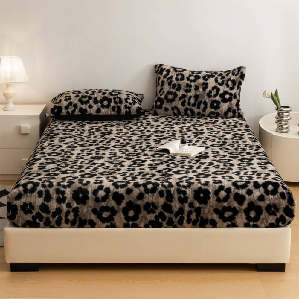 Leopard Print Thickened Faux Rabbit Fur Warm Fitted Sheet Mattress Cover