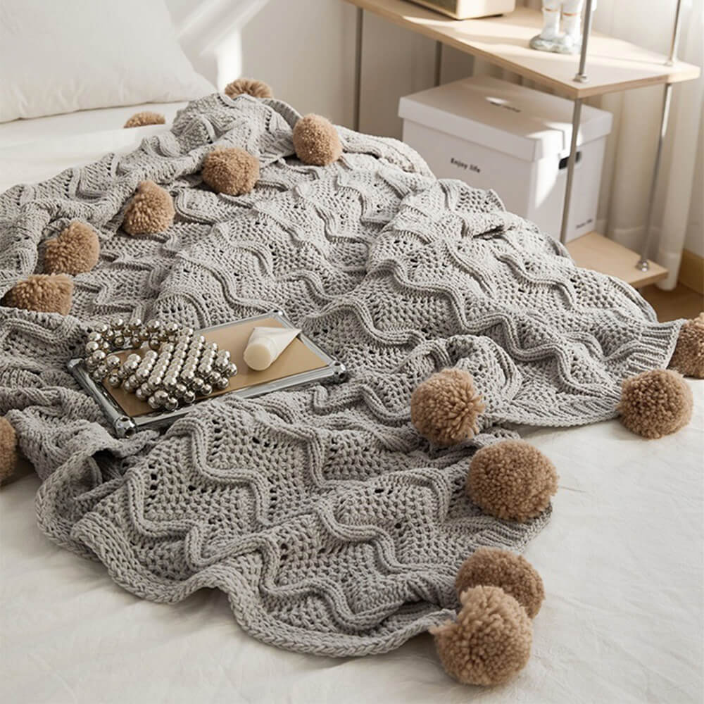 Nordic Style Chenille Pom Pom Cozy Throw Blanket with Pillowcase