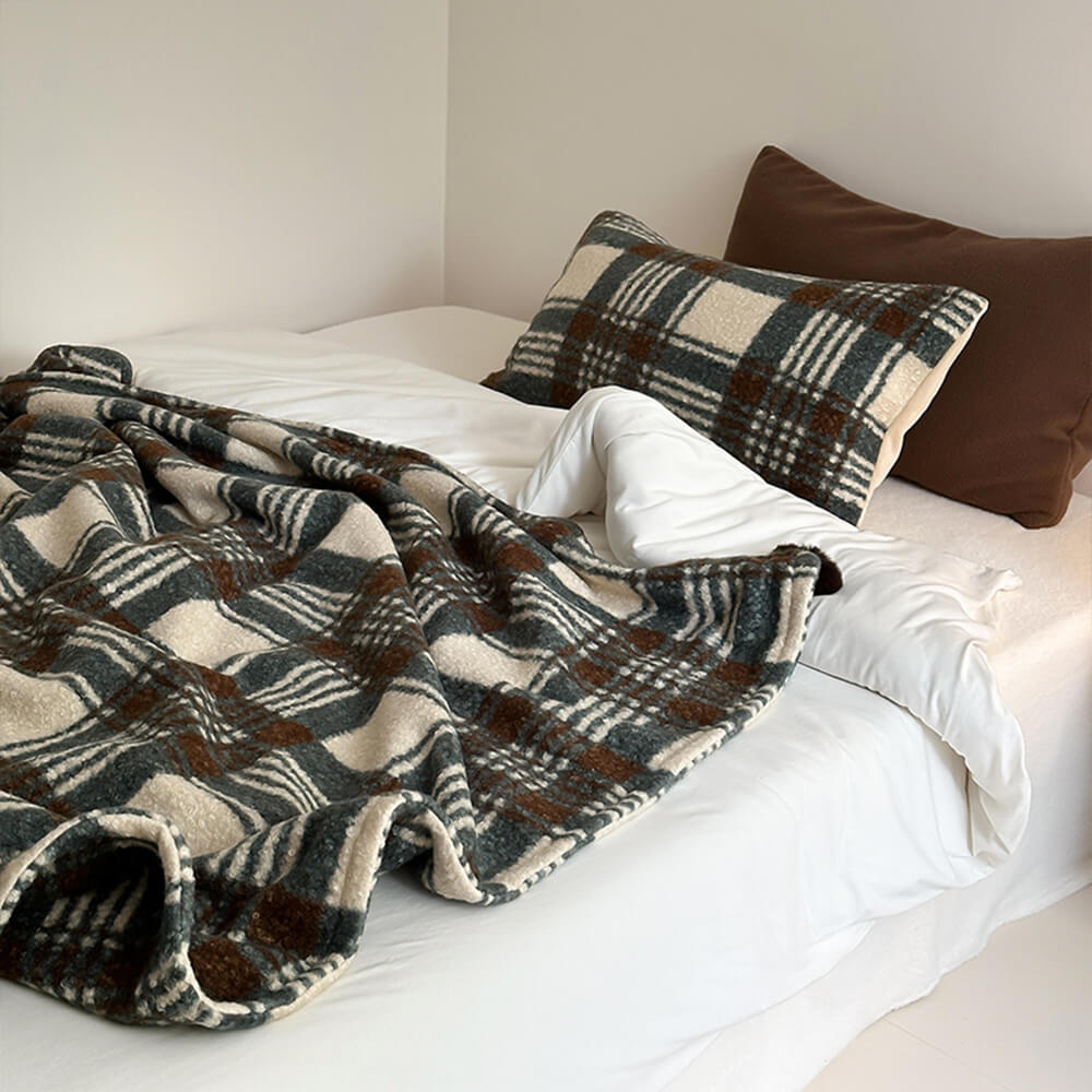 Refined Plaid Faux Lambswool Pom-Pom Home Throw Blanket