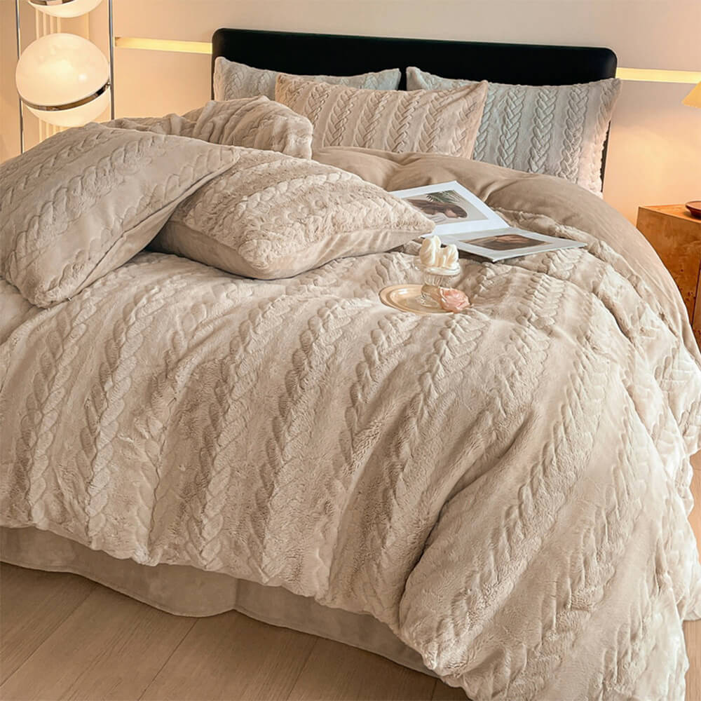 Warm Faux Rabbit Fur Embossed Anti-Static Bed Sheet Set