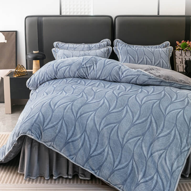 Modern Leaf Pattern Soft Milk Velvet Bed Sheet Set with Bed Skirt