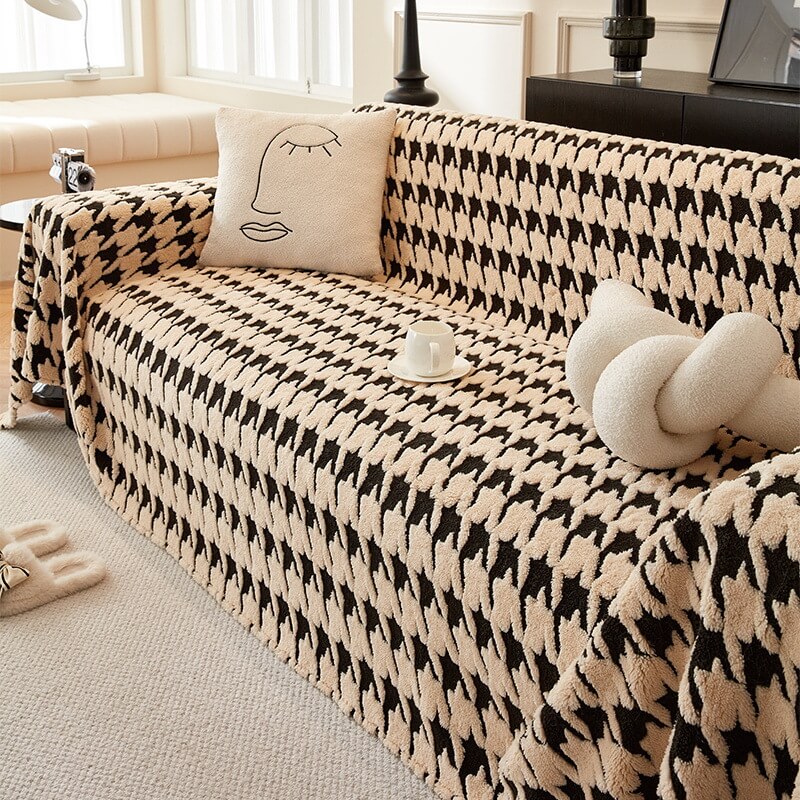 Plush Comfort Houndstooth Furniture Protection Couch Cover