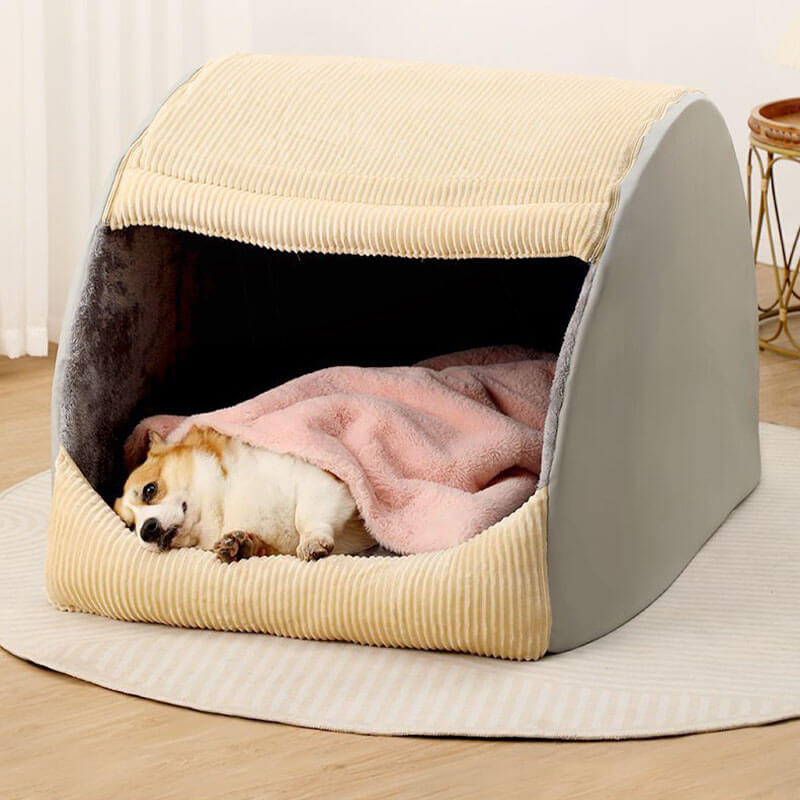 Warm Flannel Detachable Semi-Enclosed Large Dog Tent Bed