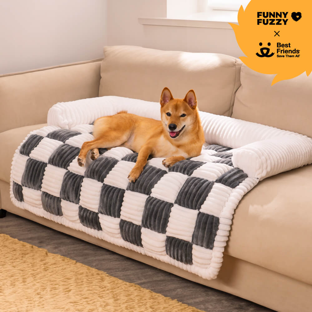 Cream Square Plaid Cozy Dog Mat Furniture Protector Cover