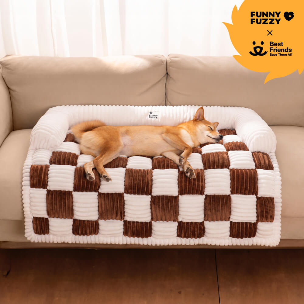 Cream Square Plaid Cozy Dog Mat Furniture Protector Cover