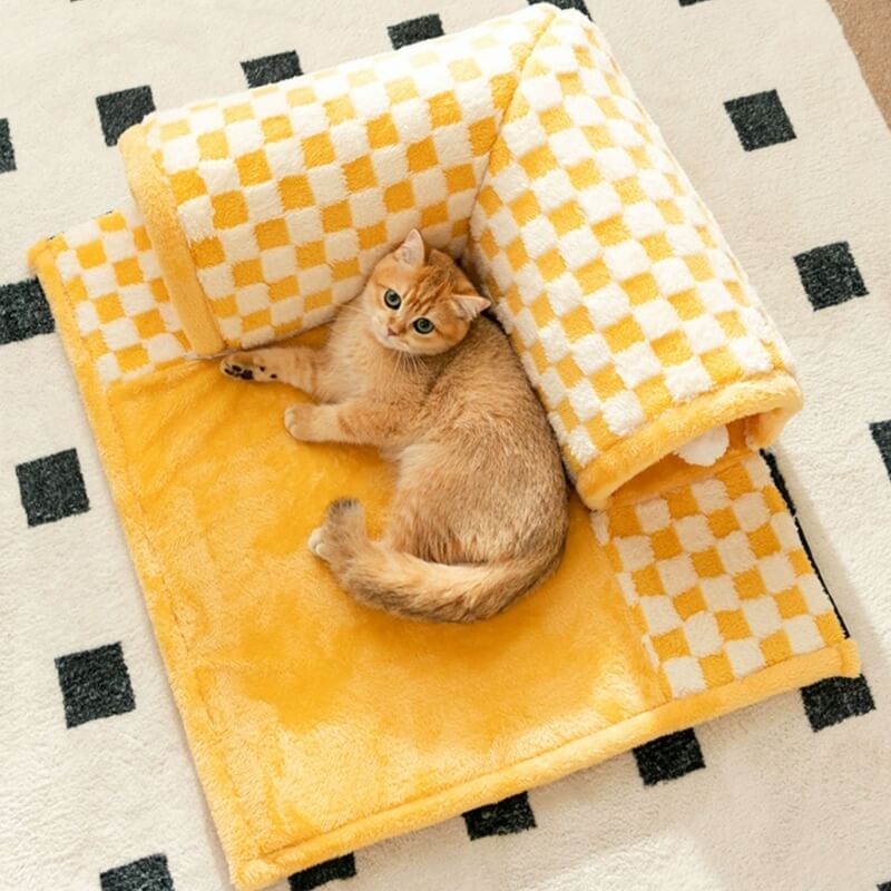 2-in-1 Funny Plush Plaid Checkered Cat Tunnel  Bed